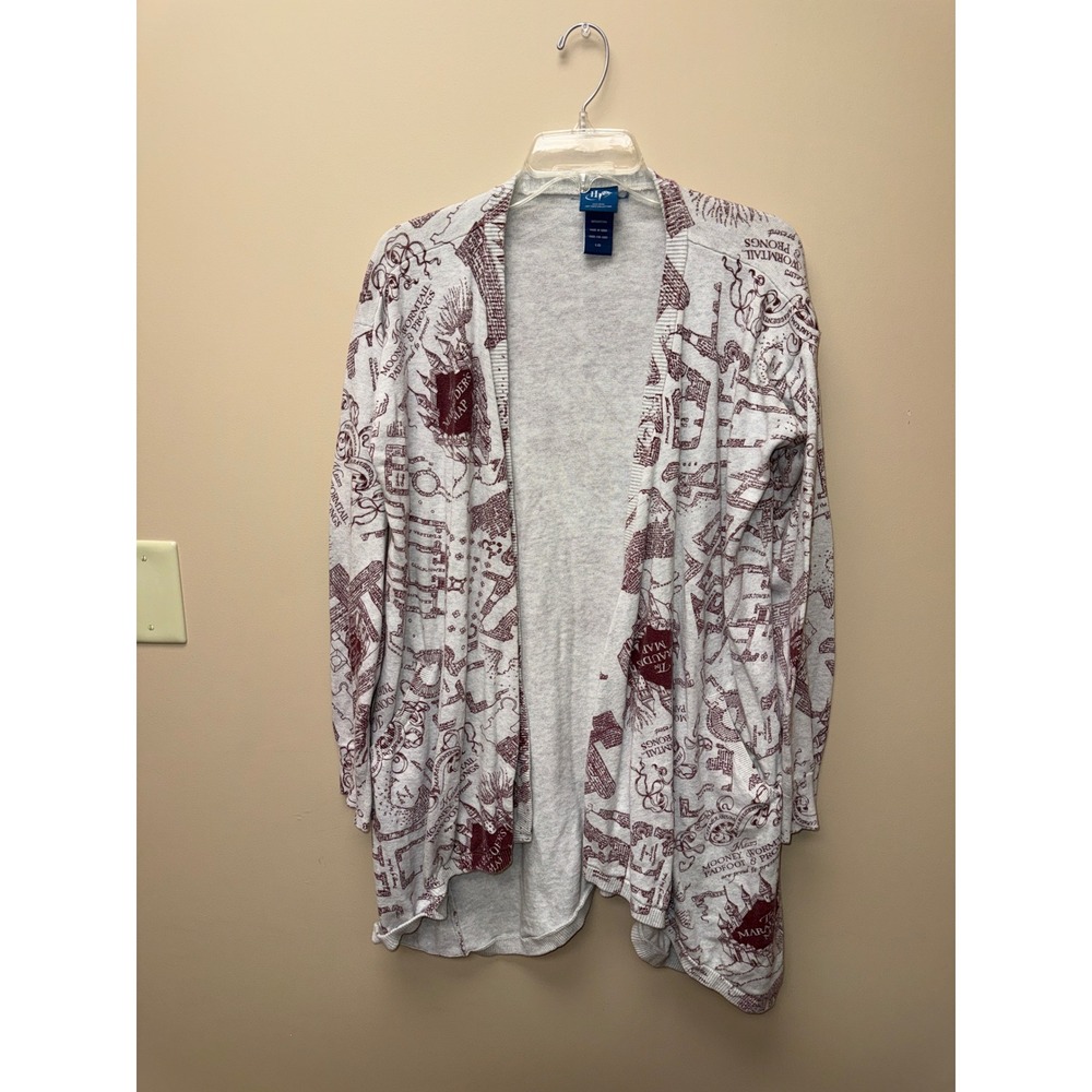 Harry Potter Hot Topic Marauders Map Cardigan Grey Burgundy Open Front Large